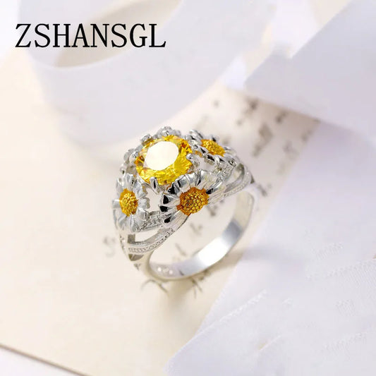 Luxury Female Girl Big Crystal CZ Flower Ring Boho Silver Color White Yellow Ring Promise Engagement Rings for Women