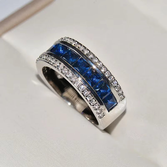 Authentic 925 Sterling Silver Finger Ring with round Blue Square Cubic Zirconia Crystal Wide Ring for Women Wedding Jewelry
