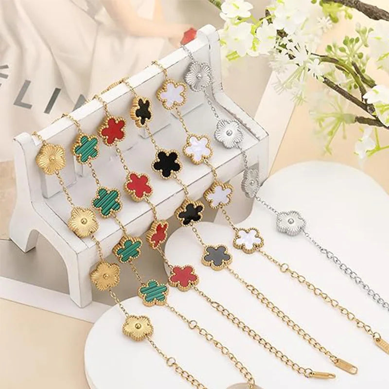 Lucky Clover Women's Double-Sided Flower Bracelet - Gold Plated Stainless Steel Jewelry Gift for Men