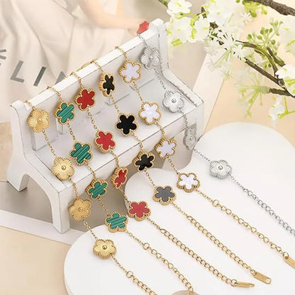 Lucky Clover Women's Double-Sided Flower Bracelet - Gold Plated Stainless Steel Jewelry Gift for Men