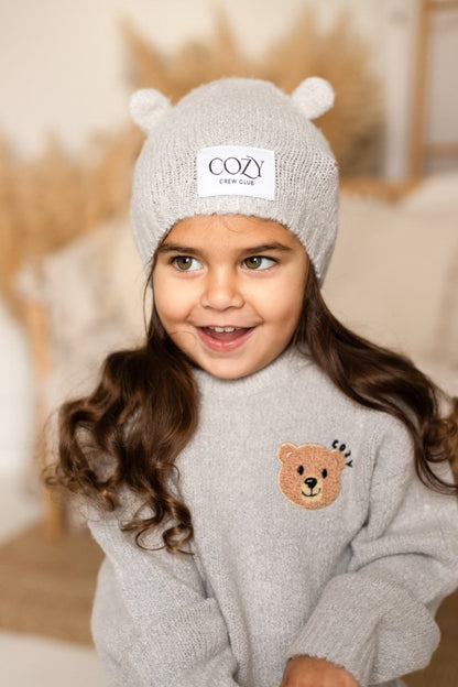 COZY Knitted Bear Beanie Hat Grey