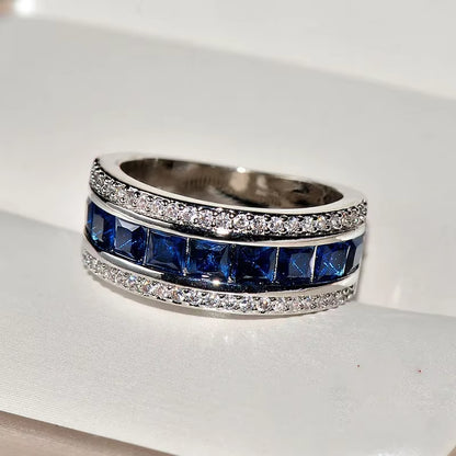 Authentic 925 Sterling Silver Finger Ring with round Blue Square Cubic Zirconia Crystal Wide Ring for Women Wedding Jewelry