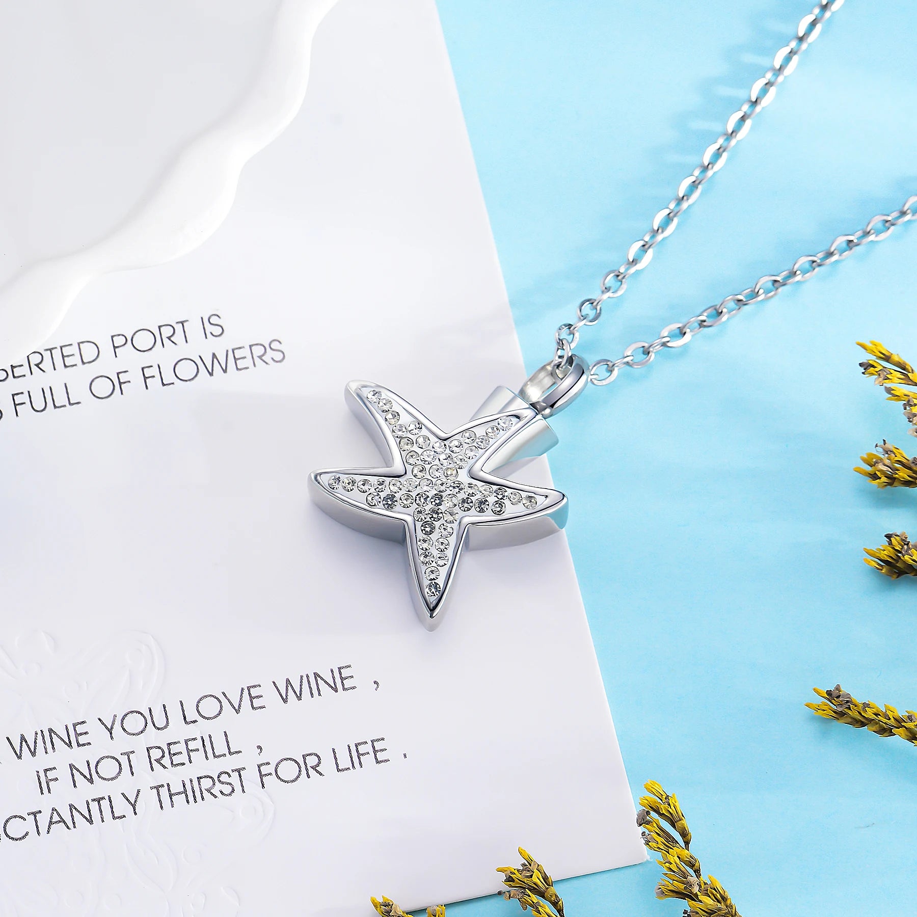 Stainless Steel Starfish Cremation Jewelry Urn Necklace for Ashes Memorial Crystal Cremation Necklace for Human Ashes