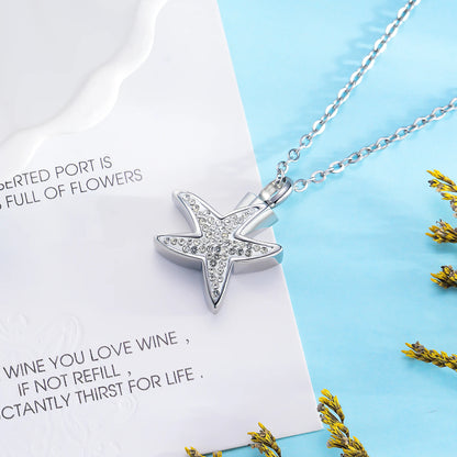 Stainless Steel Starfish Cremation Jewelry Urn Necklace for Ashes Memorial Crystal Cremation Necklace for Human Ashes