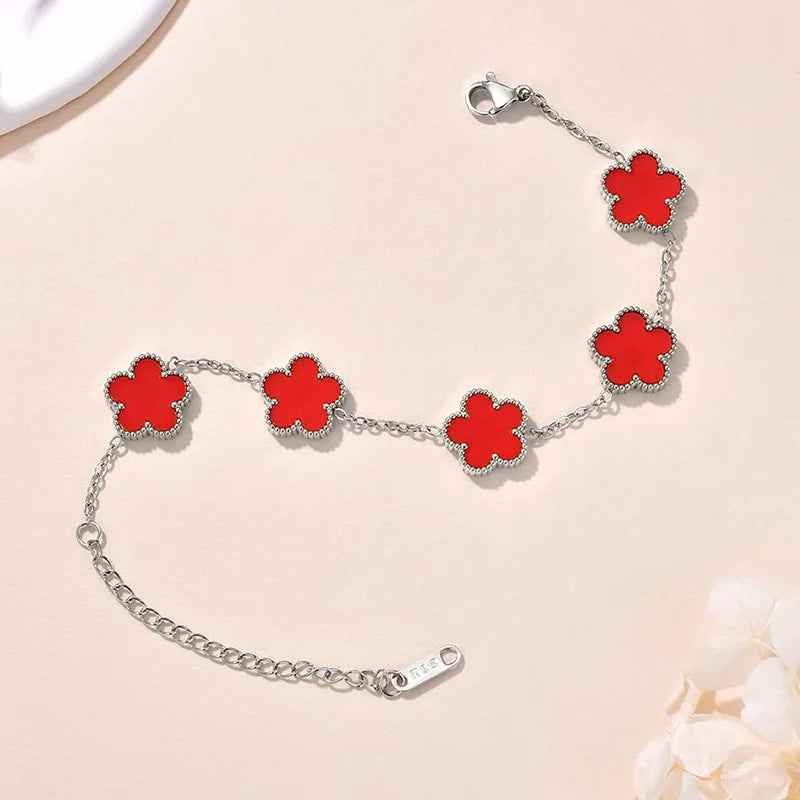 Lucky Clover Women's Double-Sided Flower Bracelet - Gold Plated Stainless Steel Jewelry Gift for Men