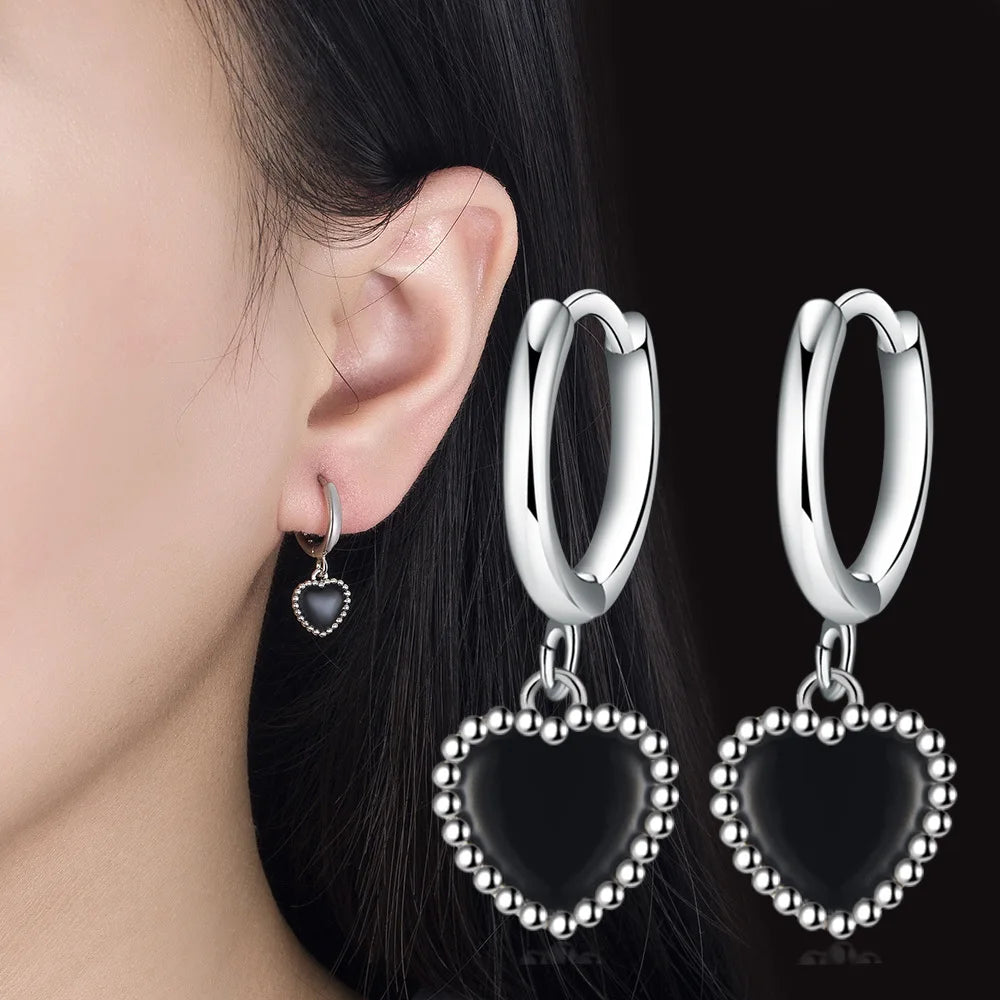925 Sterling Silver Black Heart Earrings for Women Wedding Luxury Elegant Jewelry Accessories 2024 Trend Jewellery