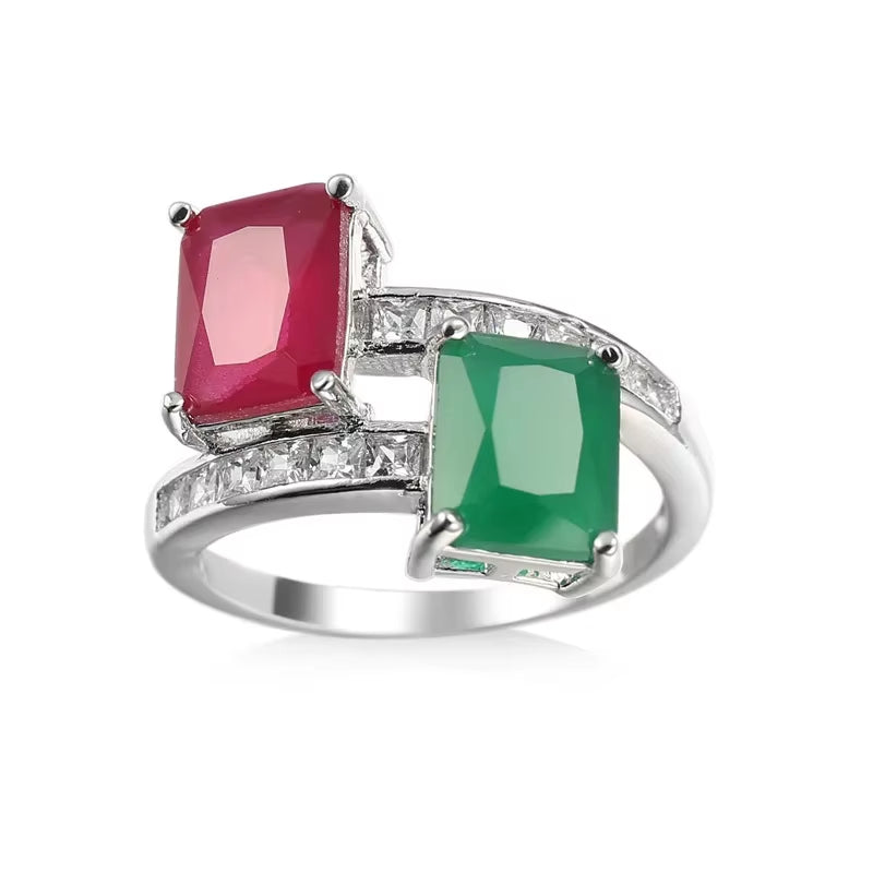 Elegant 925 Sterling Silver Finger Rings with Created Green and Red Zircon, Featuring CZ Austrian Crystal - Ideal Gift for Women