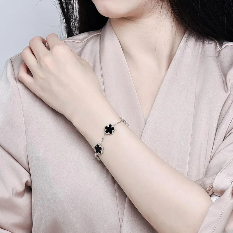 Lucky Clover Women's Double-Sided Flower Bracelet - Gold Plated Stainless Steel Jewelry Gift for Men
