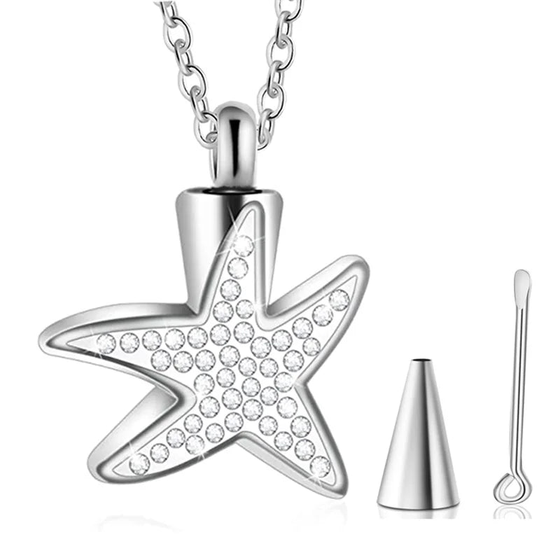 Stainless Steel Starfish Cremation Jewelry Urn Necklace for Ashes Memorial Crystal Cremation Necklace for Human Ashes