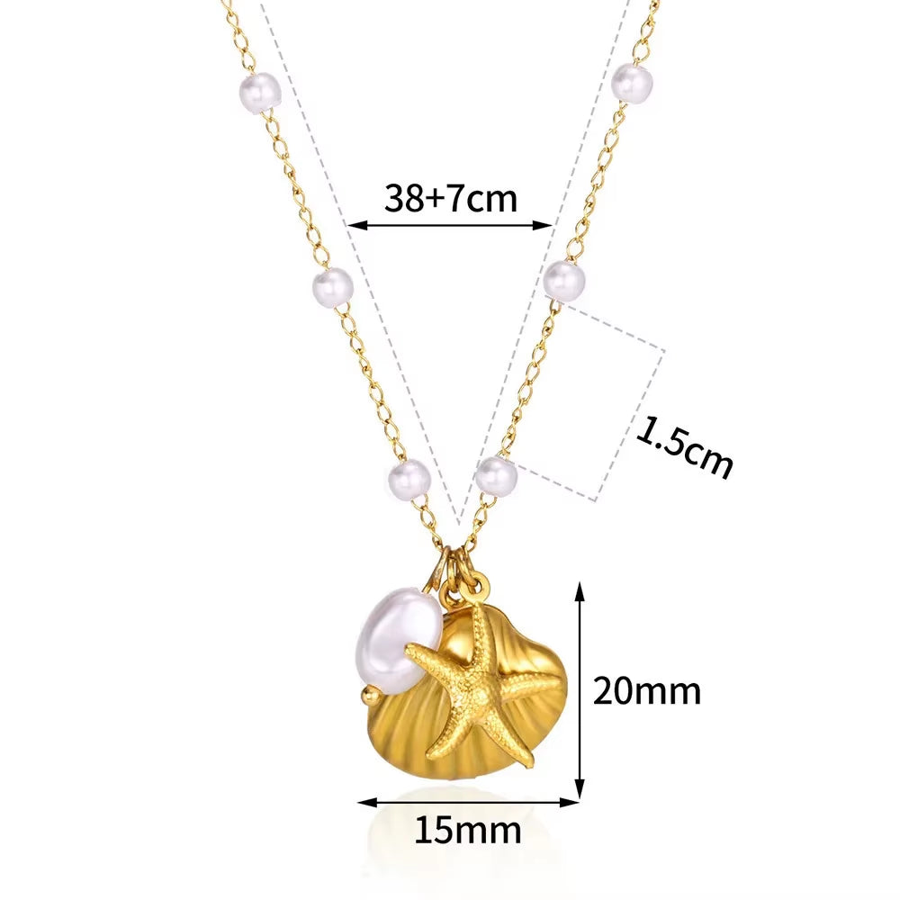 Women Shell Necklace 14K Gold Plated Stainless Steel Layered Starfish Conch Seashell Pearl Charm Necklace Summer Beach Jewelry