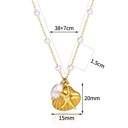 Women Shell Necklace 14K Gold Plated Stainless Steel Layered Starfish Conch Seashell Pearl Charm Necklace Summer Beach Jewelry