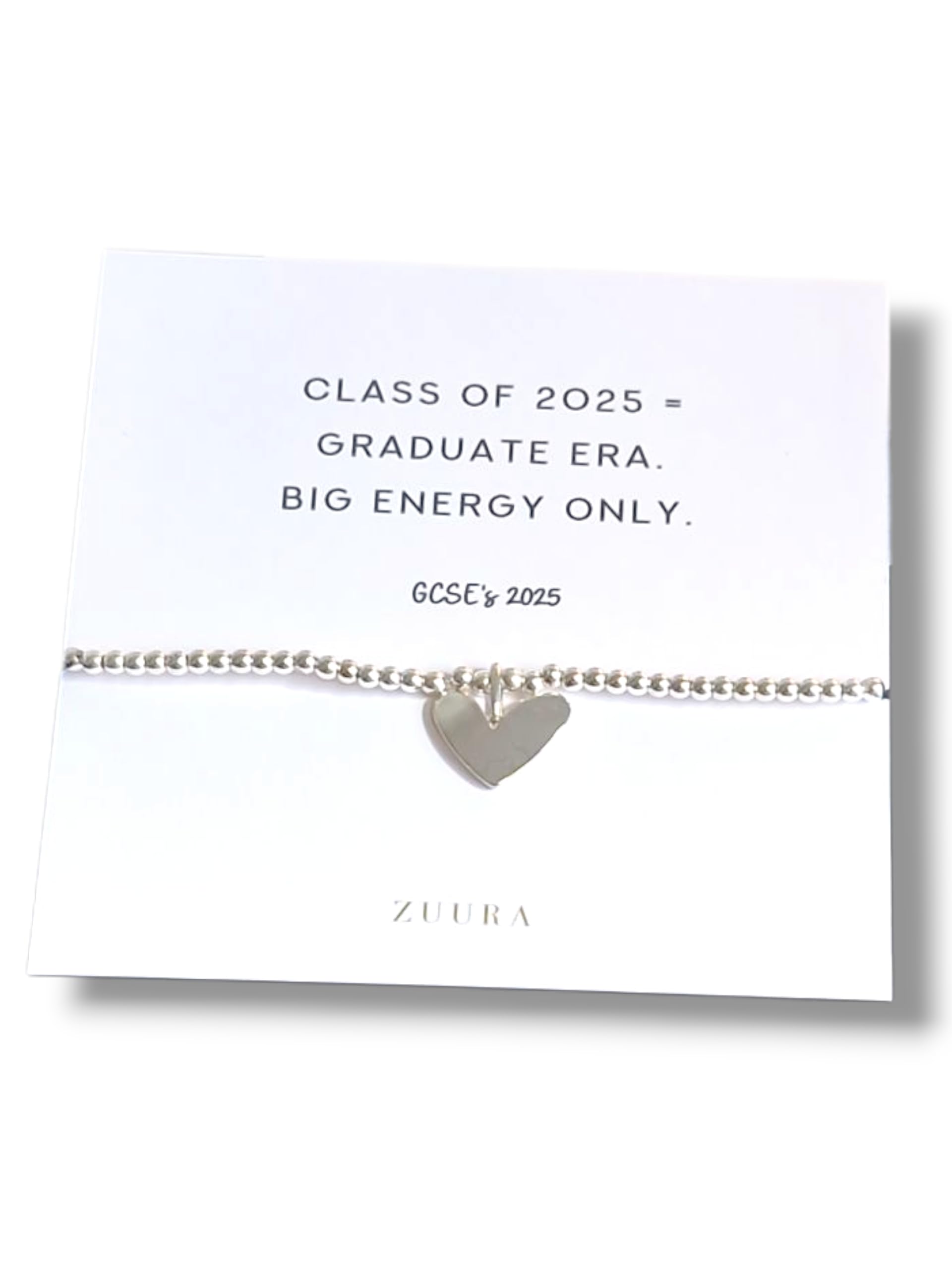 ZUURA Graduate Era. Big Energy Only I Silver Heart Charm, Class of 2025 | Gift for GCSE Students I Teens I Daughters I Friends