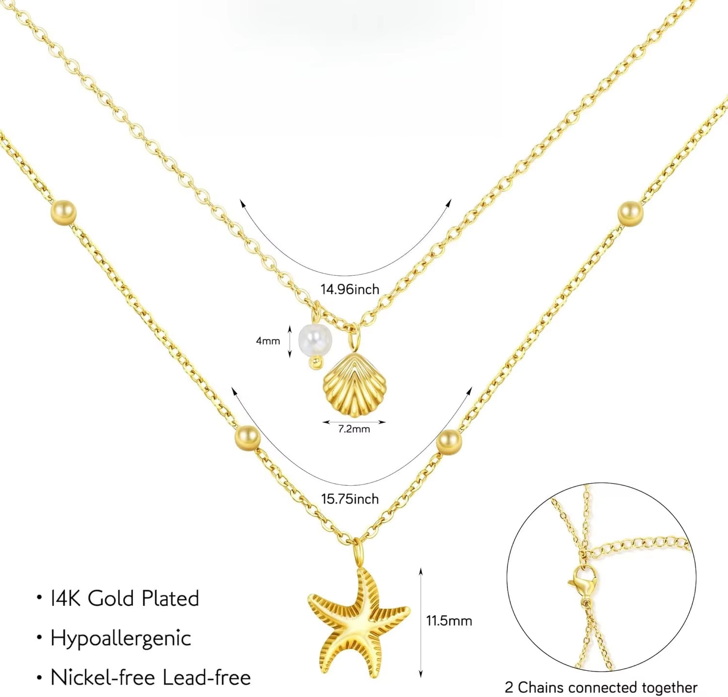 Women Shell Necklace 14K Gold Plated Stainless Steel Layered Starfish Conch Seashell Pearl Charm Necklace Summer Beach Jewelry