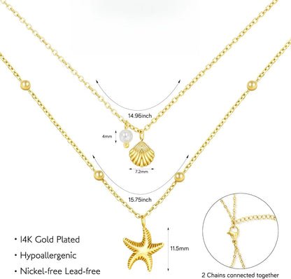 Women Shell Necklace 14K Gold Plated Stainless Steel Layered Starfish Conch Seashell Pearl Charm Necklace Summer Beach Jewelry