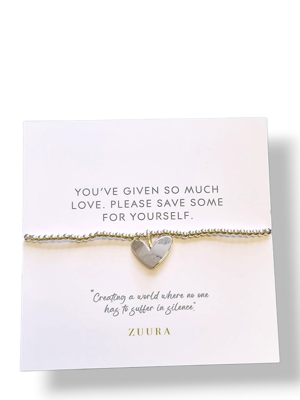 ZUURA Heart Charm Silver-Plated Beaded Bracelet with Inspirational Message Card