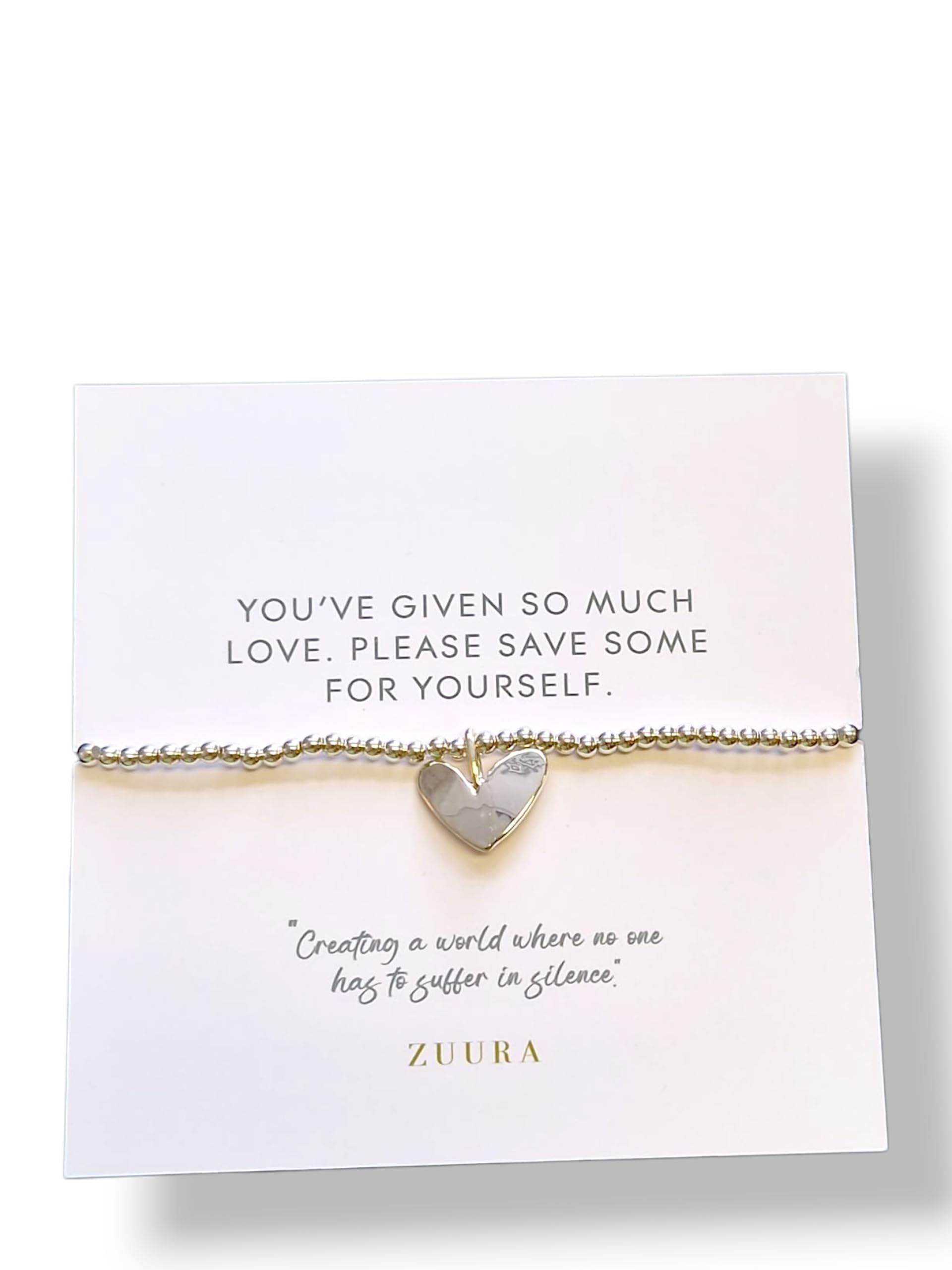 ZUURA Heart Charm Silver-Plated Beaded Bracelet with Inspirational Message Card