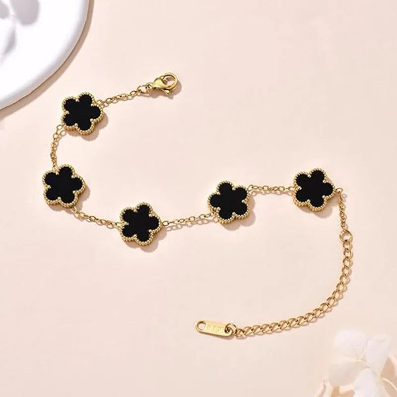 Lucky Clover Women's Double-Sided Flower Bracelet - Gold Plated Stainless Steel Jewelry Gift for Men