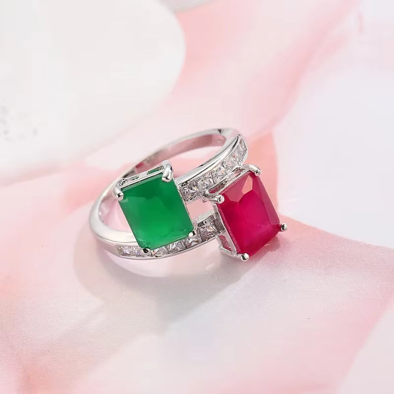 Elegant 925 Sterling Silver Finger Rings with Created Green and Red Zircon, Featuring CZ Austrian Crystal - Ideal Gift for Women