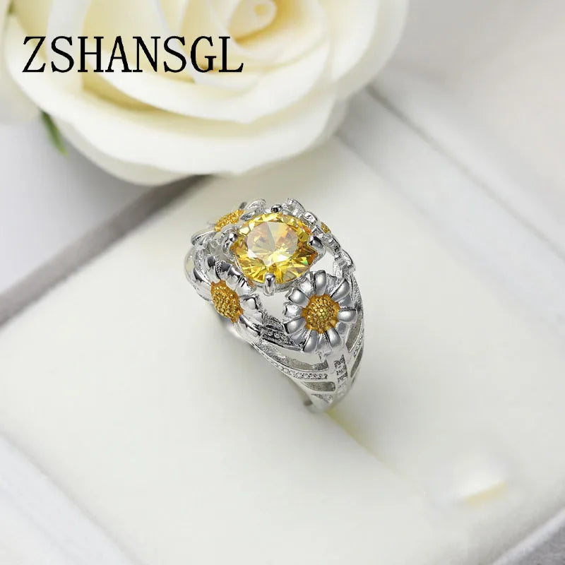 Luxury Female Girl Big Crystal CZ Flower Ring Boho Silver Color White Yellow Ring Promise Engagement Rings for Women