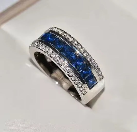 Authentic 925 Sterling Silver Finger Ring with round Blue Square Cubic Zirconia Crystal Wide Ring for Women Wedding Jewelry