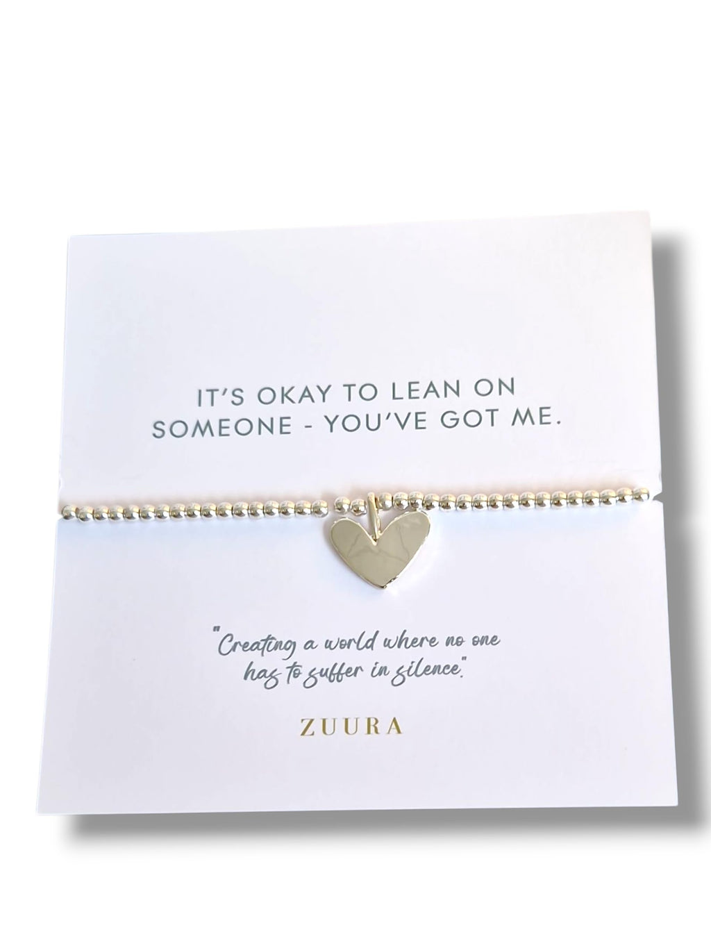 ZUURA Heart Charm Silver-Plated Beaded Bracelet Mental Health Awareness - It's okay to lean on someone - You've got me.