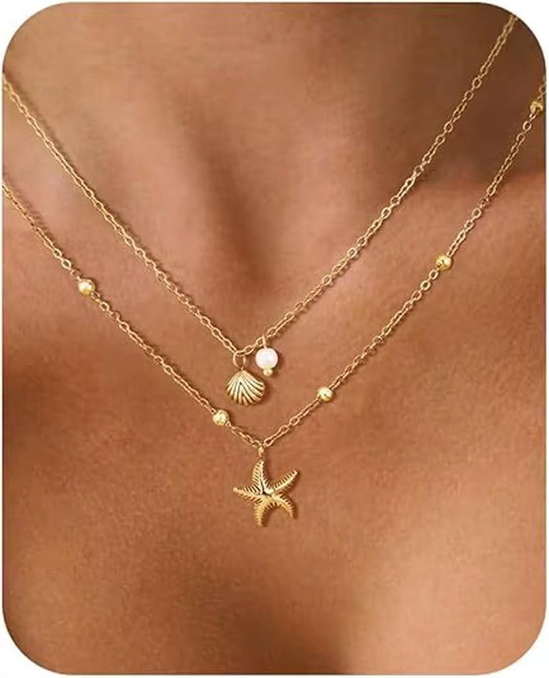 Women Shell Necklace 14K Gold Plated Stainless Steel Layered Starfish Conch Seashell Pearl Charm Necklace Summer Beach Jewelry