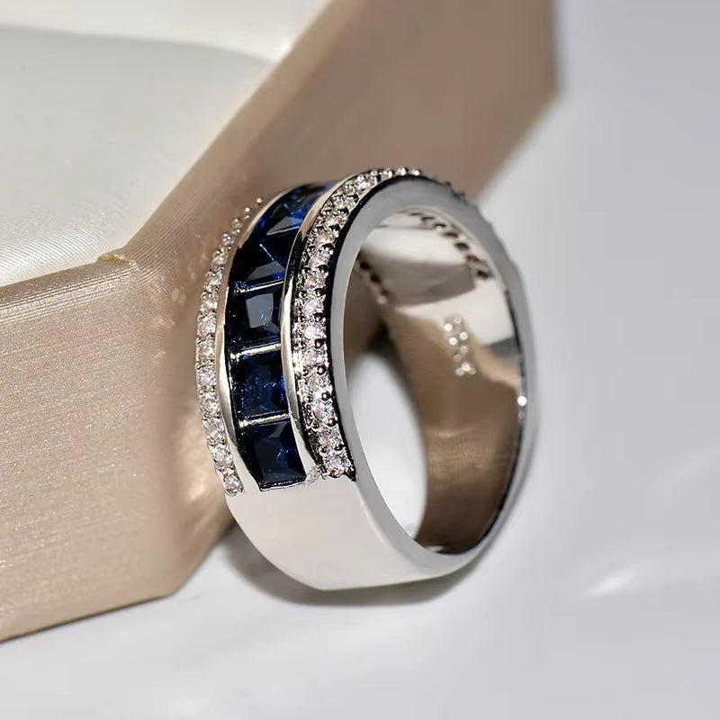 Authentic 925 Sterling Silver Finger Ring with round Blue Square Cubic Zirconia Crystal Wide Ring for Women Wedding Jewelry
