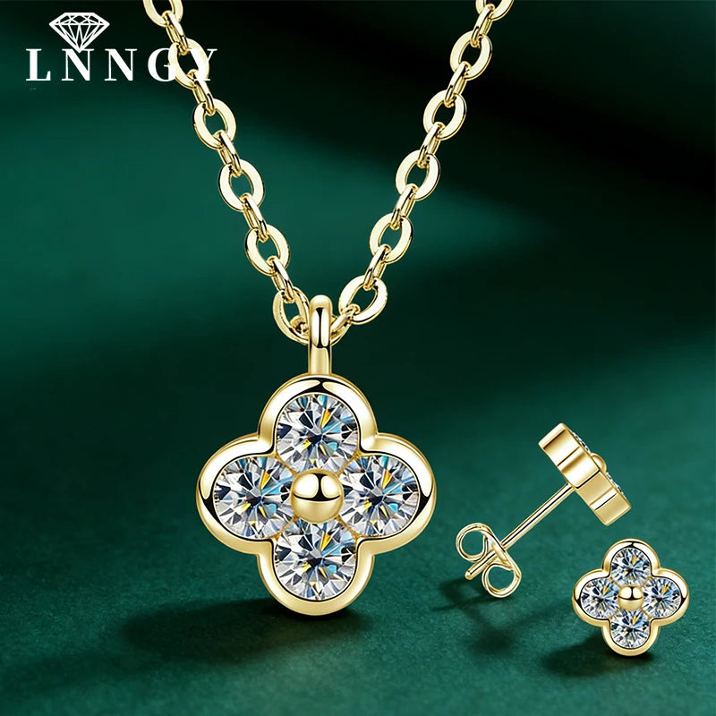 Exquisite Four Leaf Flower Shape Earring Pendant Necklace Moissanite Necklaces Stud Earrings Jewelry Set for Women Gift