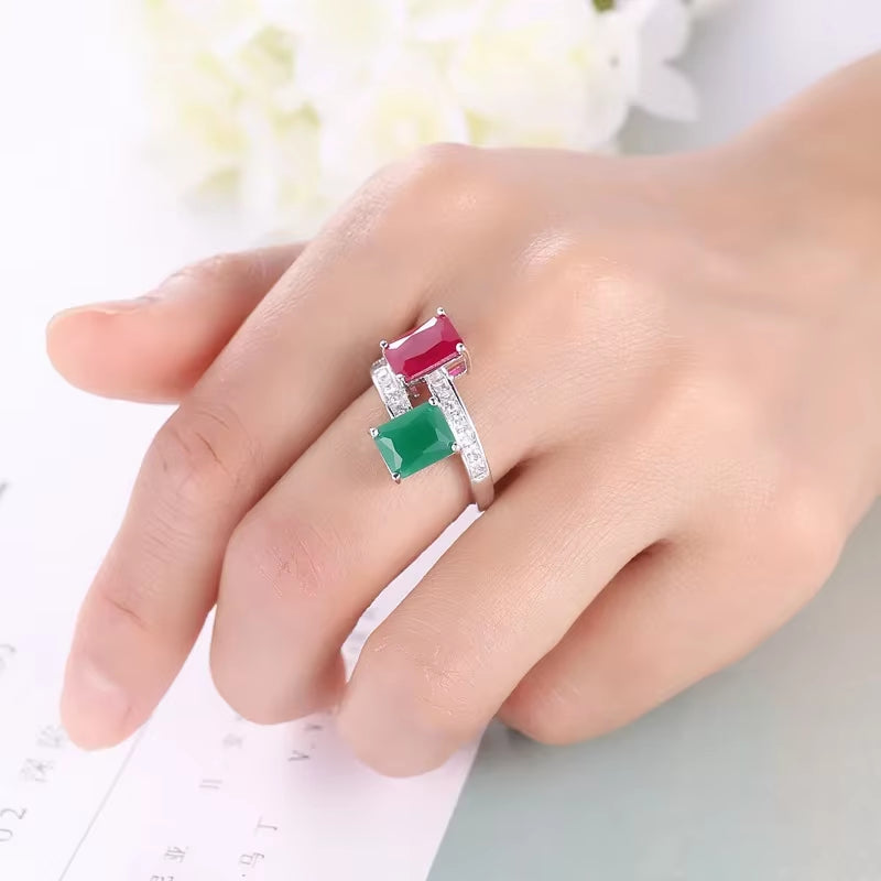 Elegant 925 Sterling Silver Finger Rings with Created Green and Red Zircon, Featuring CZ Austrian Crystal - Ideal Gift for Women