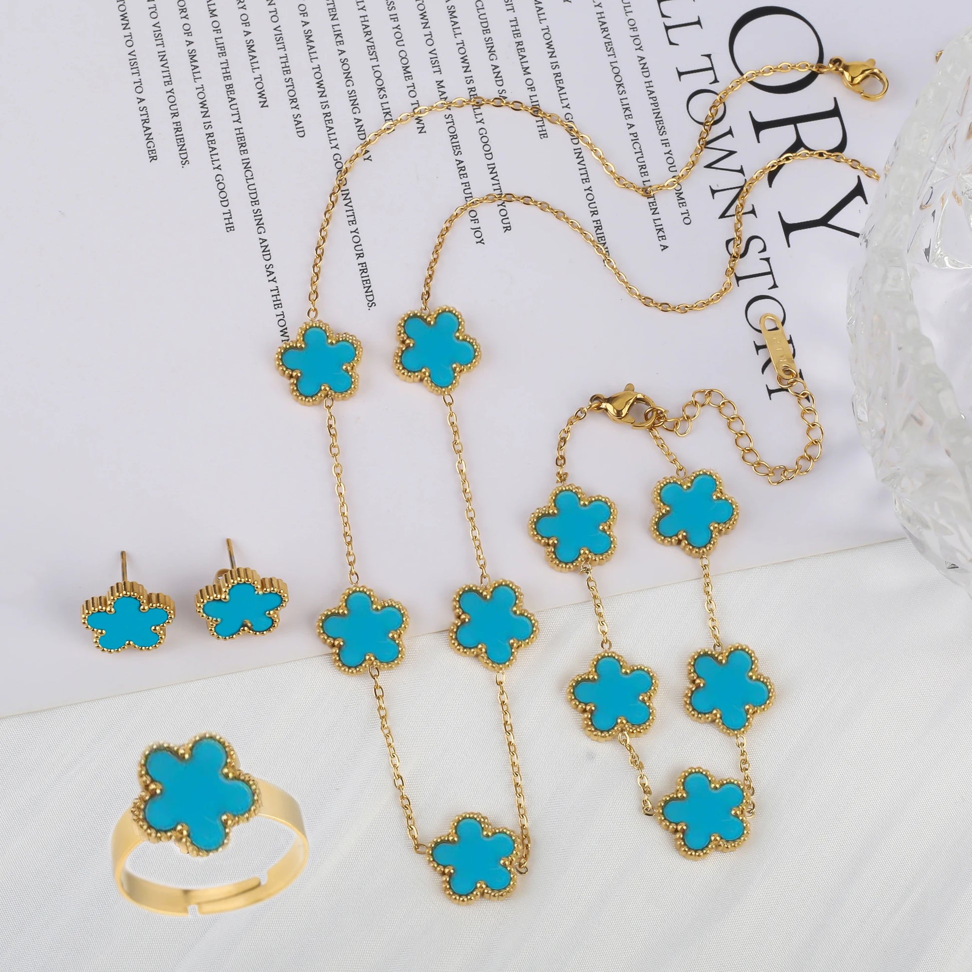 4Pcs Bracelet Necklace Earrings Ring Stainless Steel Five Leaf Flower Jewelry Set Classic for Woman New Fashion Jewelry Clover