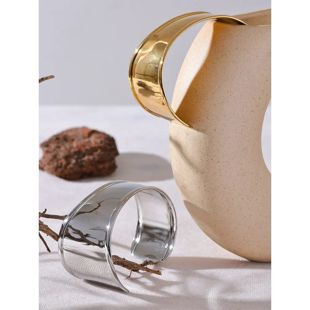 Yaffa Wide Cuff Bracelet – Open Bangle Waterproof Statement Jewelry | Huna Jewelry