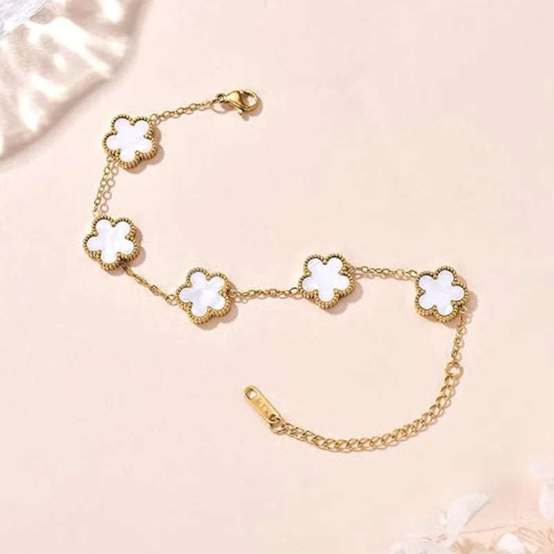 Lucky Clover Women's Double-Sided Flower Bracelet - Gold Plated Stainless Steel Jewelry Gift for Men