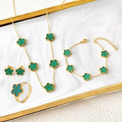 4Pcs Bracelet Necklace Earrings Ring Stainless Steel Five Leaf Flower Jewelry Set Classic for Woman New Fashion Jewelry Clover