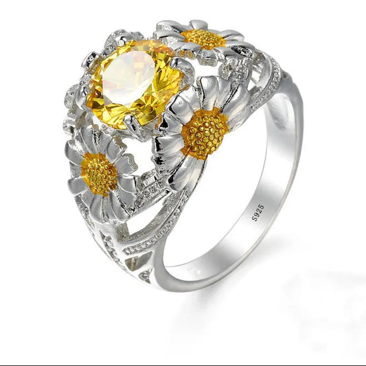 Luxury Female Girl Big Crystal CZ Flower Ring Boho Silver Color White Yellow Ring Promise Engagement Rings for Women