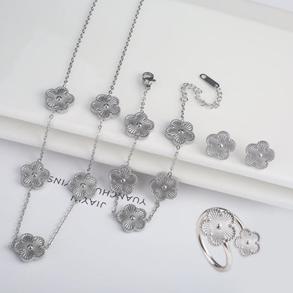 4Pcs Bracelet Necklace Earrings Ring Stainless Steel Five Leaf Flower Jewelry Set Classic for Woman New Fashion Jewelry Clover