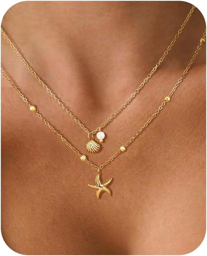 Women Shell Necklace 14K Gold Plated Stainless Steel Layered Starfish Conch Seashell Pearl Charm Necklace Summer Beach Jewelry
