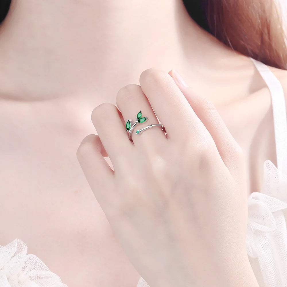 925 Sterling Silver Twig Green Leaf Rings for Women Luxury Designer Jewelry Accessorie