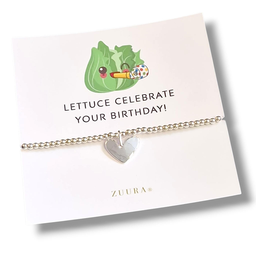 ZUURA I Lettuce celebrate your birthday I Silver Plated Heart Charm Bracelet I Pun Gift for Women I Birthday Friendship Jewellery