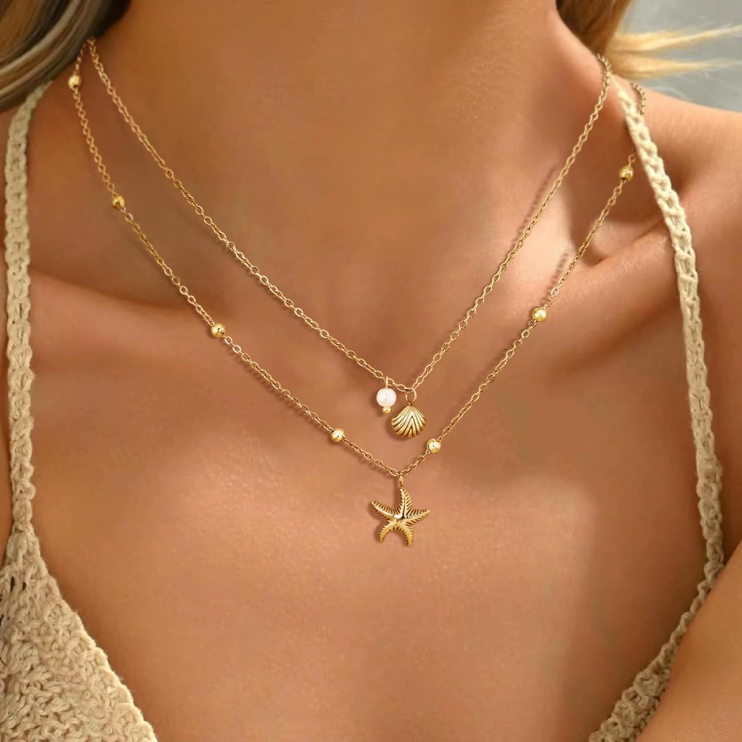 Women Shell Necklace 14K Gold Plated Stainless Steel Layered Starfish Conch Seashell Pearl Charm Necklace Summer Beach Jewelry