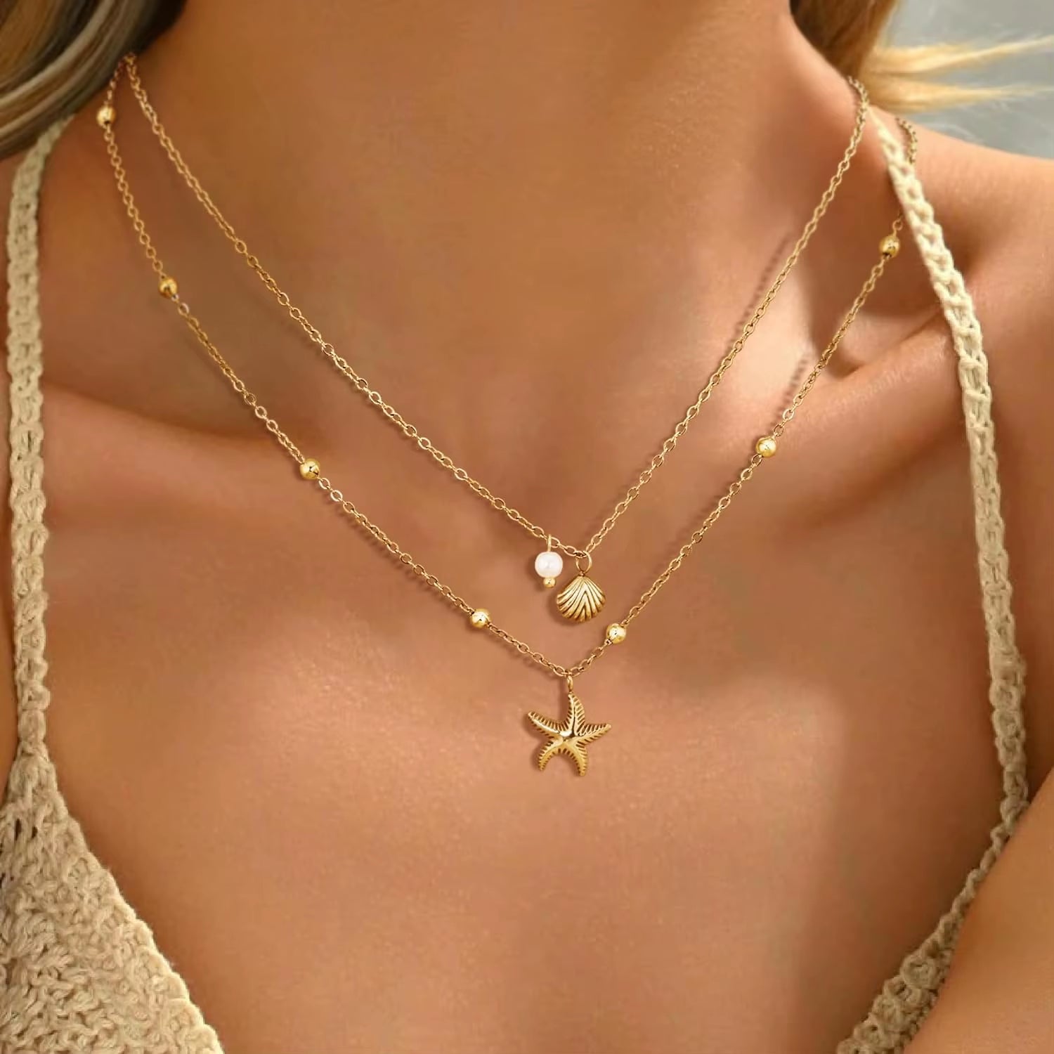 Women Shell Necklace 14K Gold Plated Stainless Steel Layered Starfish Conch Seashell Pearl Charm Necklace Summer Beach Jewelry