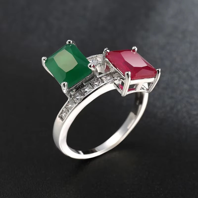 Elegant 925 Sterling Silver Finger Rings with Created Green and Red Zircon, Featuring CZ Austrian Crystal - Ideal Gift for Women
