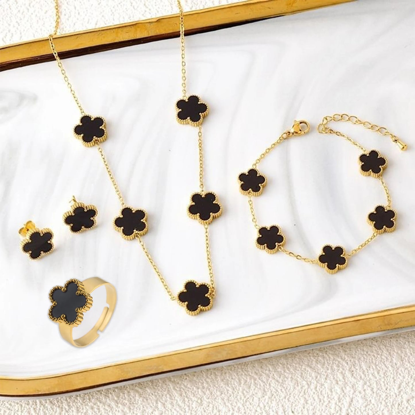 4Pcs Bracelet Necklace Earrings Ring Stainless Steel Five Leaf Flower Jewelry Set Classic for Woman New Fashion Jewelry Clover
