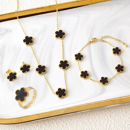4Pcs Bracelet Necklace Earrings Ring Stainless Steel Five Leaf Flower Jewelry Set Classic for Woman New Fashion Jewelry Clover