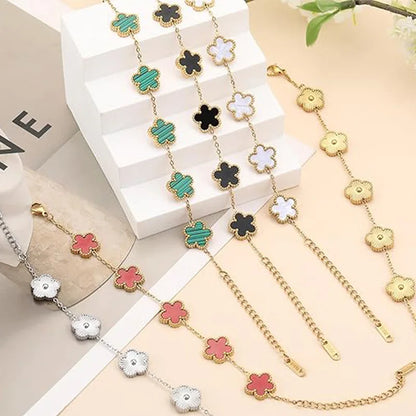 Lucky Clover Women's Double-Sided Flower Bracelet - Gold Plated Stainless Steel Jewelry Gift for Men