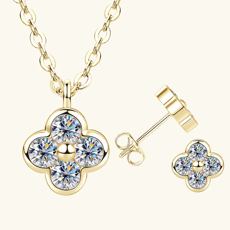 Exquisite Four Leaf Flower Shape Earring Pendant Necklace Moissanite Necklaces Stud Earrings Jewelry Set for Women Gift
