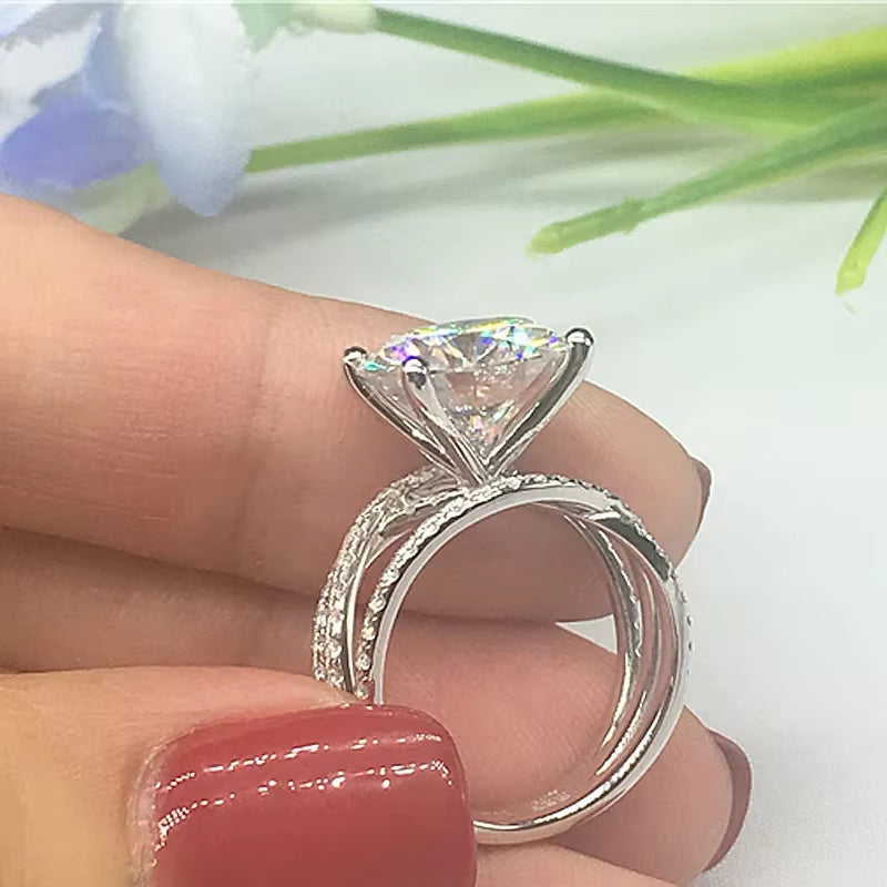 Luxury 925 Sterling Silver round Shape 6 Claws Rings with Clear Big CZ Cross Infinity Finger Rings for Women ANNIVERSARY SALE