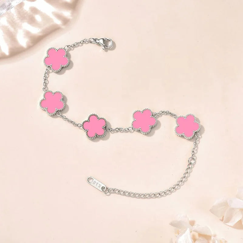 Lucky Clover Women's Double-Sided Flower Bracelet - Gold Plated Stainless Steel Jewelry Gift for Men