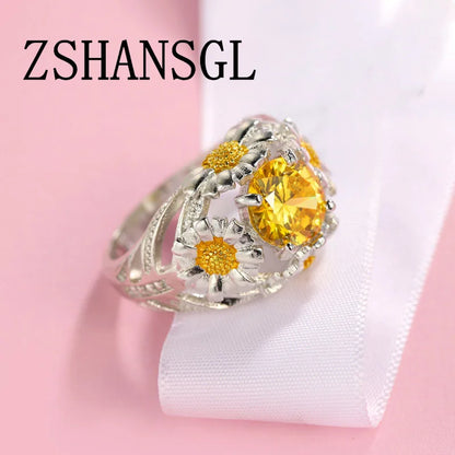 Luxury Female Girl Big Crystal CZ Flower Ring Boho Silver Color White Yellow Ring Promise Engagement Rings for Women