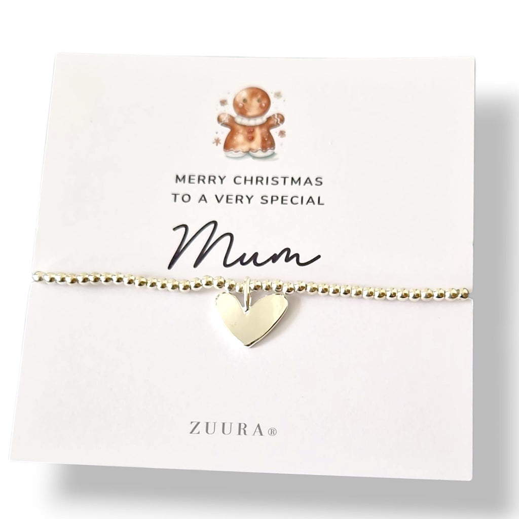ZUURA Christmas I Mum I Silver Plated Heart Charm Bracelet I Gift for Women I Friendship Jewellery