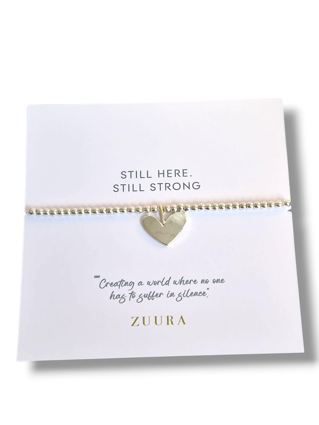 ZUURA Heart Charm Silver-Plated Beaded Bracelet Mental Health Awareness - Still here, still strong